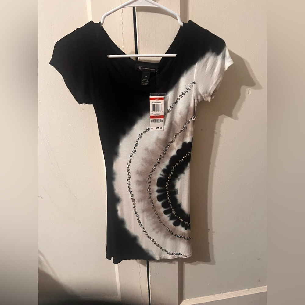 INC International Concepts Black & White Tie-Dye Sequined T-Shirt Size Large